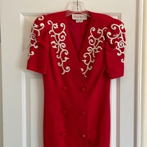 Vintage Richard Warren dress, red with white embroidery. Size 6.